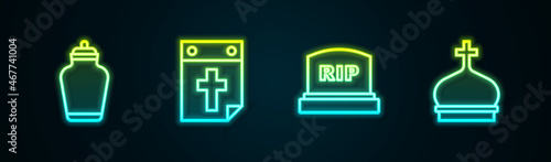 Set line Funeral urn, Calendar death, Tombstone with RIP written and Church tower. Glowing neon icon. Vector