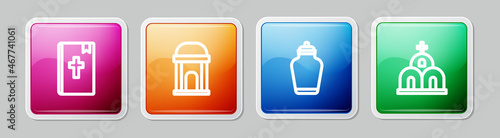 Set line Holy bible book, Old crypt, Funeral urn and Church building. Colorful square button. Vector