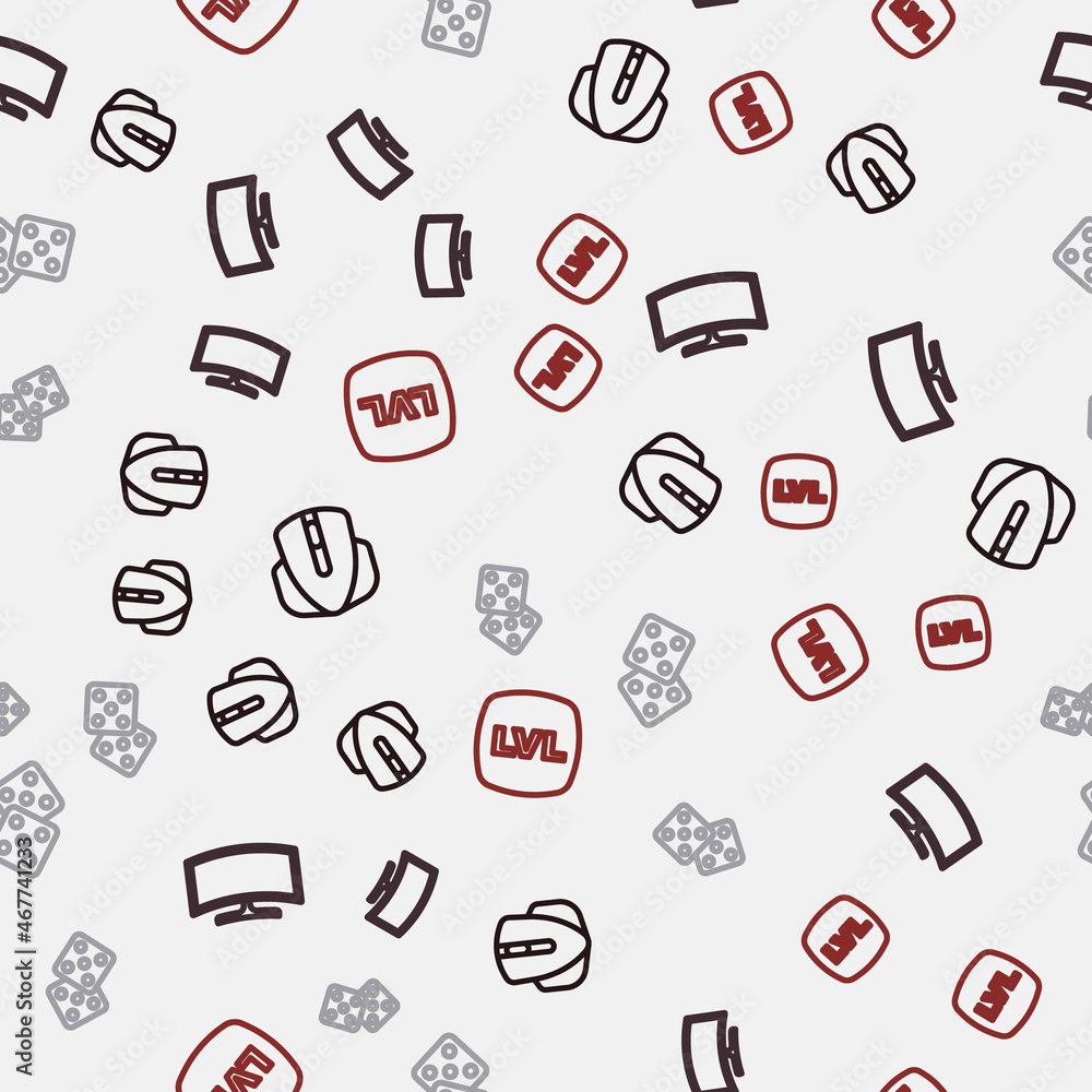 Set line Computer mouse, monitor, Game dice and Level game on seamless pattern. Vector Set line Computer mouse, monitor, Game dice and Level game on seamless pattern. Vector