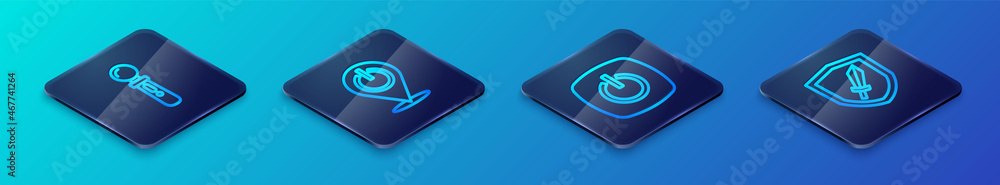 Set Isometric line Power button, VR controller game, Sword for and icon. Vector Set Isometric line Power button, VR controller game, Sword for and icon. Vector