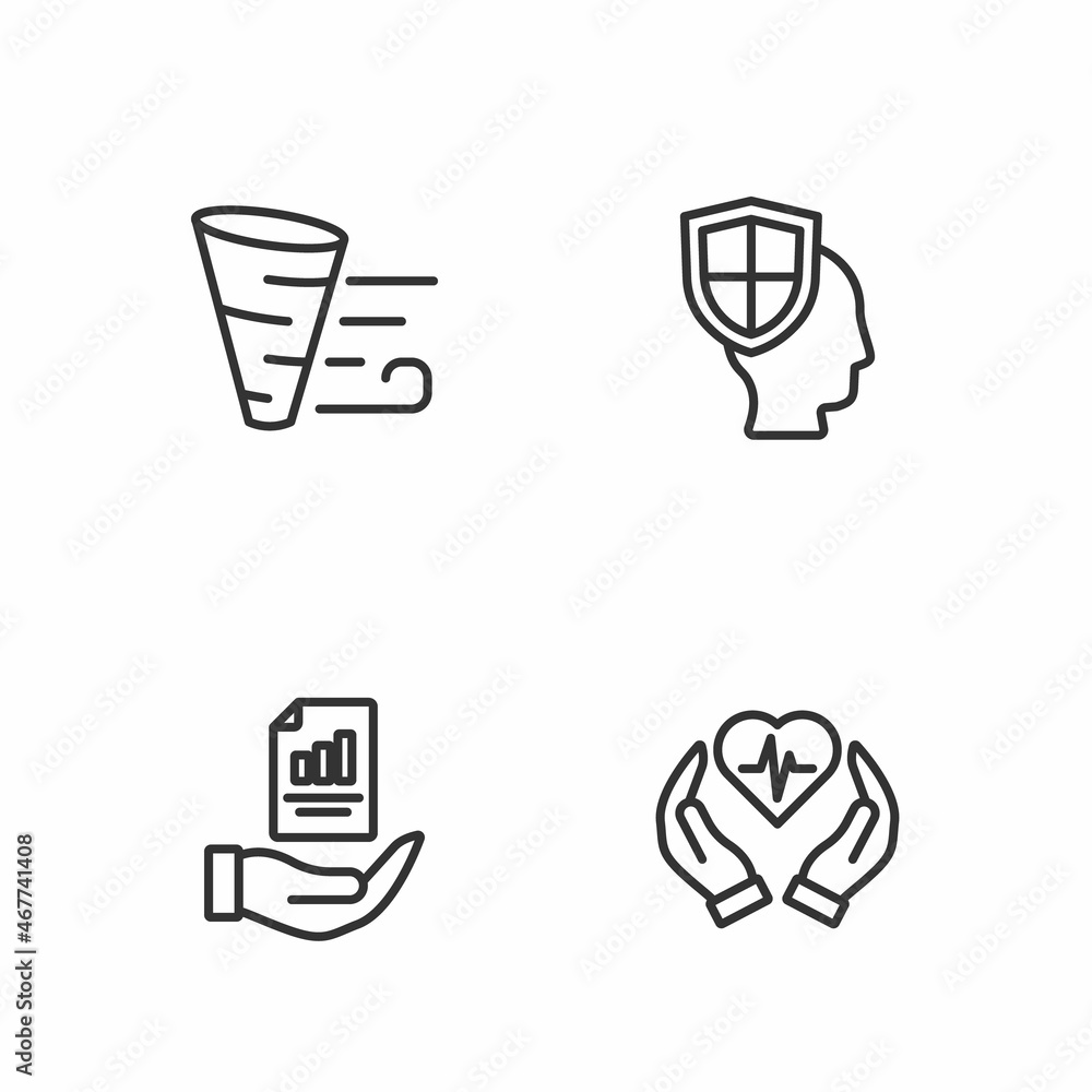 Set line Life insurance, Contract hand, Tornado and with shield icon. Vector Set line Life insurance, Contract hand, Tornado and with shield icon. Vector