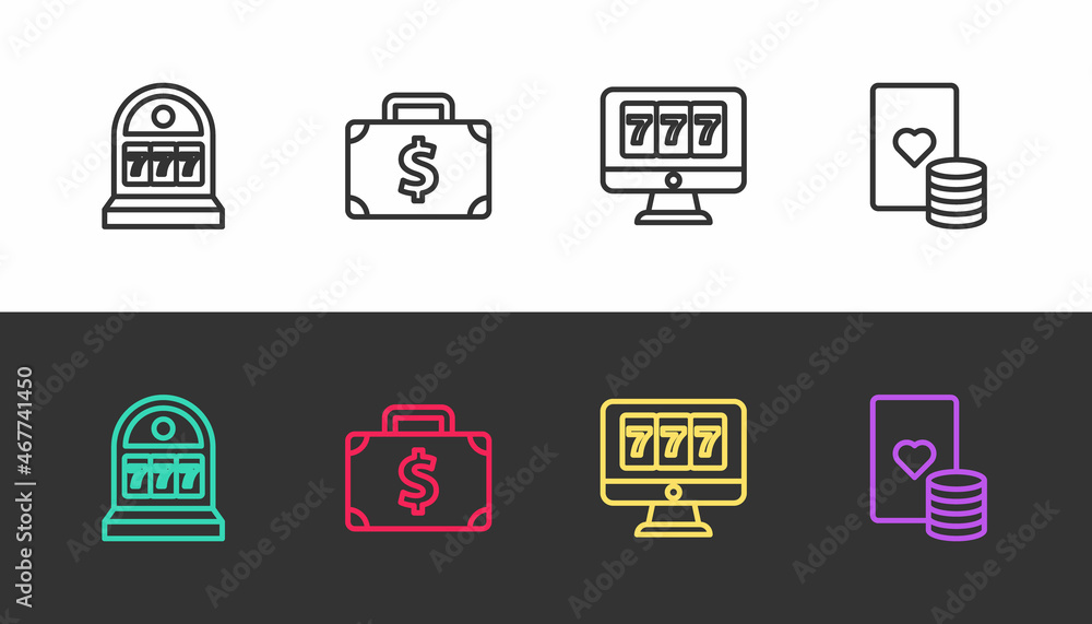 Set line Slot machine with jackpot, Briefcase and money, Online slot and Casino chip playing cards on black and white. Vector Set line Slot machine with jackpot, Briefcase and money, Online slot and Casino chip playing cards on black and white. Vector
