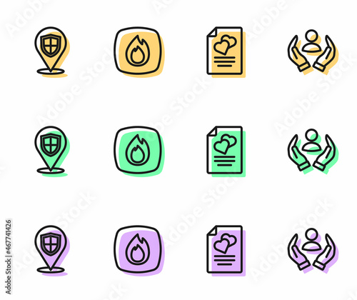 Set line Marriage contract, Location shield, Fire flame and Life insurance icon. Vector