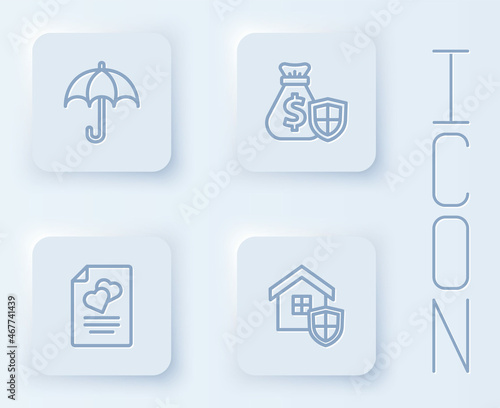 Set line Umbrella, Money bag with shield, Marriage contract and House. White square button. Vector