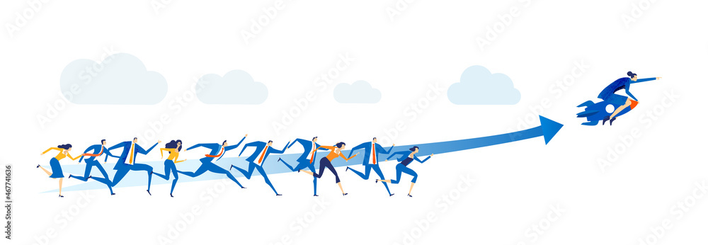 Group of young professional motivated people running for the man who flies on the rocket. Business concept illustration  - obrazy, fototapety, plakaty 