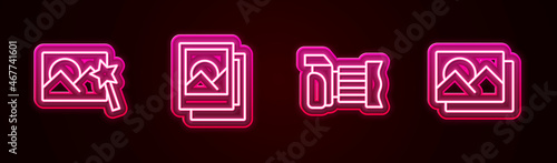 Set line Photo retouching, frame, camera and . Glowing neon icon. Vector