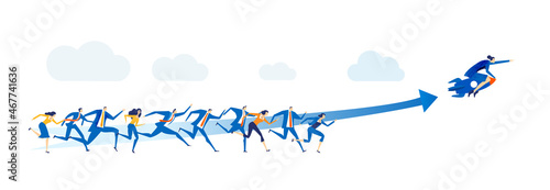 Group of young professional motivated people running for the man who flies on the rocket. Business concept illustration 