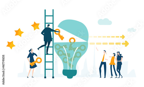 Business people, team put golden keys inside of big light bulb. Working together, find best solution concept illustration 