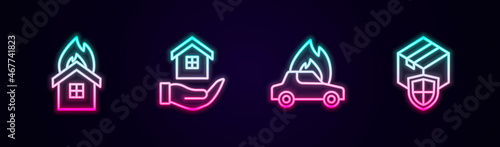 Set line Fire in burning house, House hand, Burning car and Delivery security with shield. Glowing neon icon. Vector