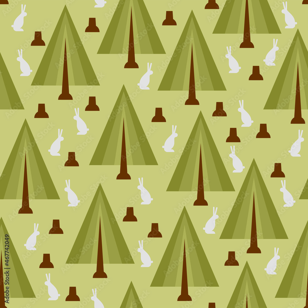Forest and hare pattern seamless. Summer forest and rabbit background Forest and hare pattern seamless. Summer forest and rabbit background