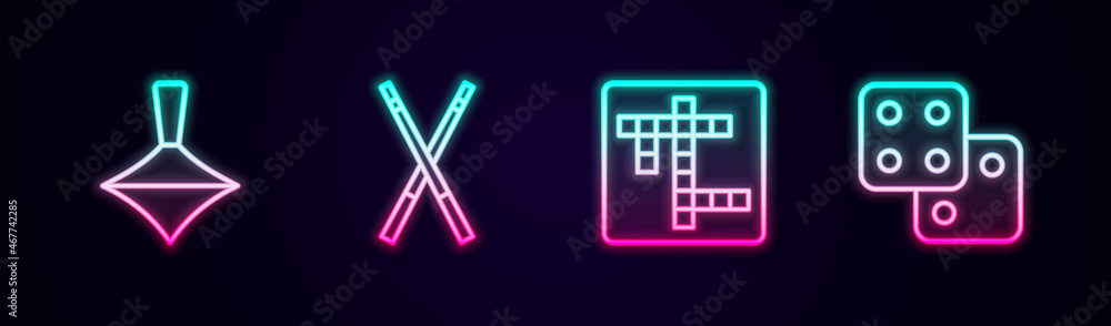 Set line Whirligig toy, Crossed billiard cues, Crossword and Game dice. Glowing neon icon. Vector Set line Whirligig toy, Crossed billiard cues, Crossword and Game dice. Glowing neon icon. Vector