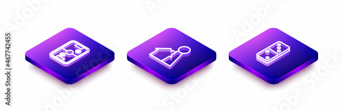 Set Isometric line Air hockey table, Chip for board game and Domino icon. Vector