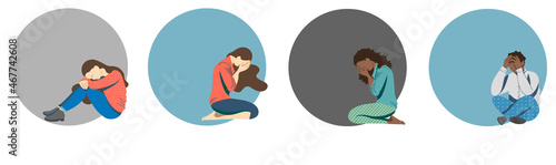 Young people, teenagers suffering from psychological diseases, depression, anxiety. Girls and young people are sitting sadly on the floor, covering their faces with their hands