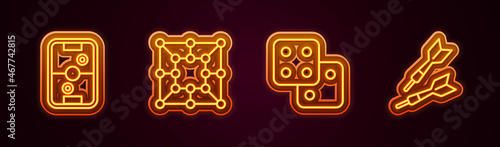 Set line Air hockey table, Board game, Game dice and Dart arrow. Glowing neon icon. Vector