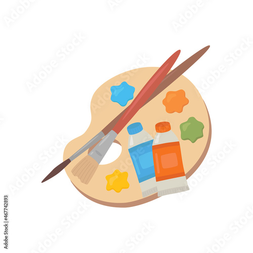 Wooden palette with paints and brushes. Vector illustration.