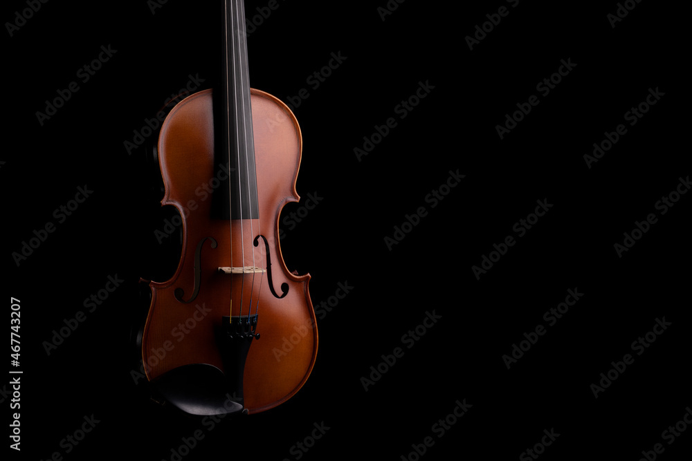 Fototapeta premium A violin or viola with four strings with a beautiful soft light hitting it on a black background. No.4