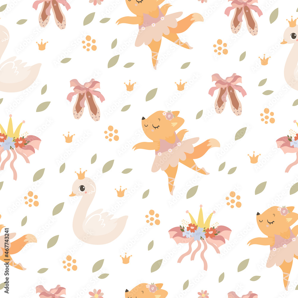 Delicate pastel pattern with ballet. Cute animals. Easy pattern for toddlers. Seamless pattern Delicate pastel pattern with ballet. Cute animals. Easy pattern for toddlers. Seamless pattern