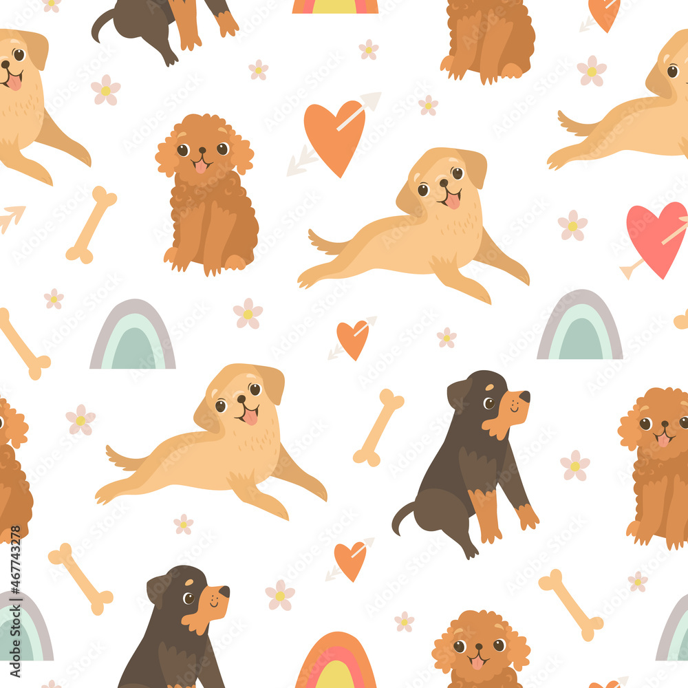 Fototapeta premium Seamless pattern with dogs. Cheerful dogs. Dog breeds. Cute animals