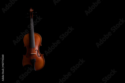 A violin or viola with four strings with a beautiful soft light hitting it on a black background. No.9