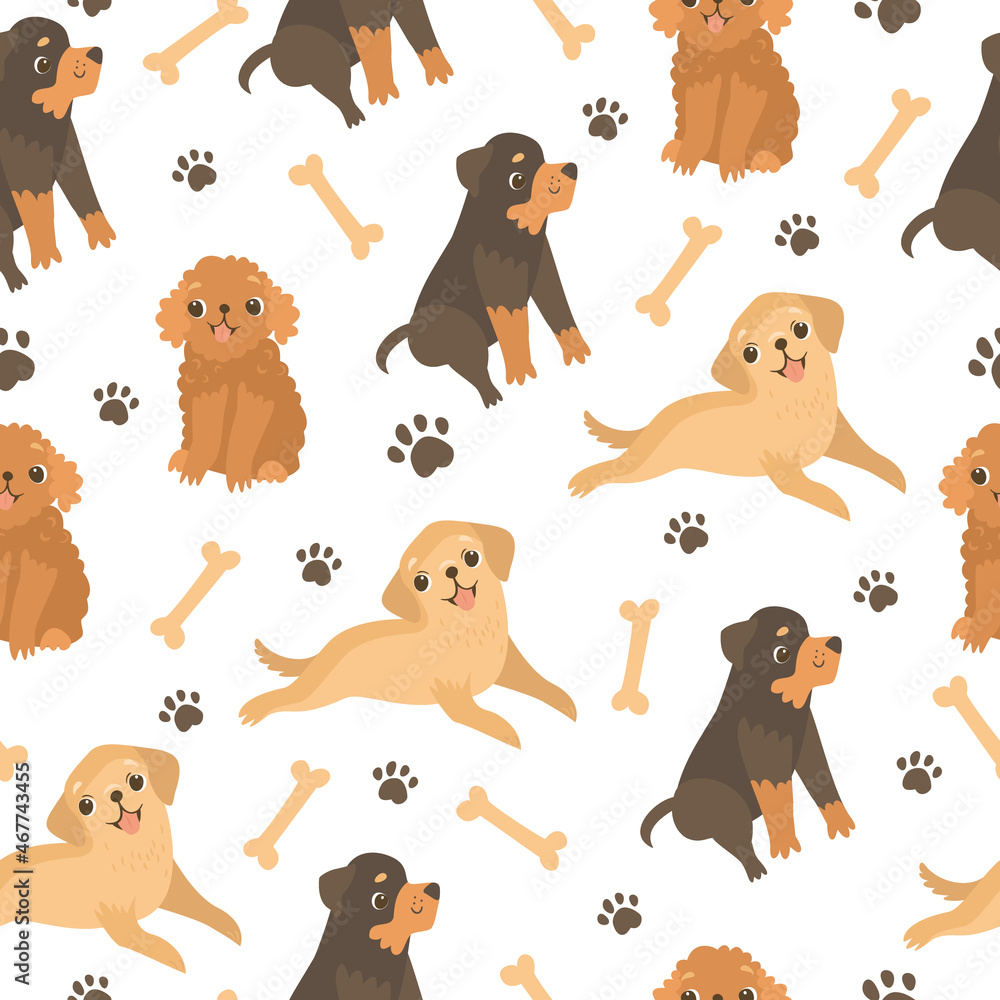 Seamless pattern with dogs. Cheerful dogs. Dog breeds. Cute animals