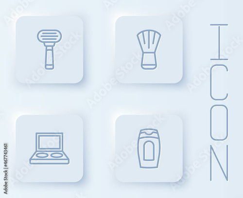 Set line Shaving razor, Makeup brush, Eye shadow palette with and Bottle of shampoo. White square button. Vector