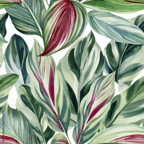 Seamless pattern of green tropical leaves, watercolor illustration, jungle design © Hanna
