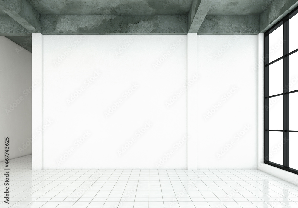 Empty room with white wall and white tile floor. 3d rendering Empty room with white wall and white tile floor. 3d rendering