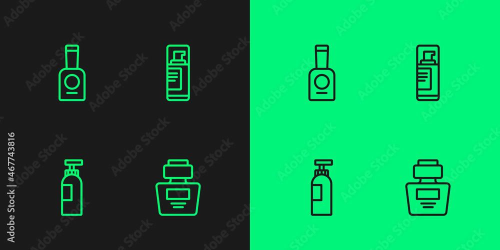 Set line Perfume, Bottle of shampoo, nail polish and Shaving gel foam icon. Vector Set line Perfume, Bottle of shampoo, nail polish and Shaving gel foam icon. Vector