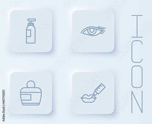 Set line Bottle of shampoo, Woman eye, Cream or lotion cosmetic tube and Lip augmentation. White square button. Vector