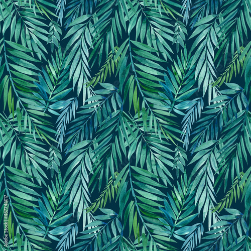 Seamless pattern of green tropical leaves, watercolor illustration, jungle design