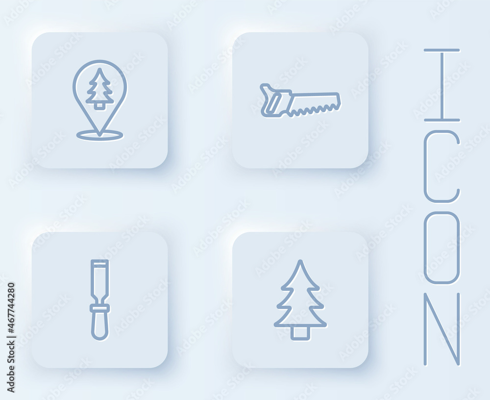 Set line Location of the forest, Hand saw, Chisel tool and Tree. White square button. Vector Set line Location of the forest, Hand saw, Chisel tool and Tree. White square button. Vector