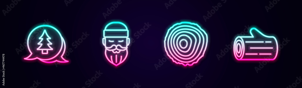 Set line Tree, Lumberjack, rings and Wooden log. Glowing neon icon. Vector Set line Tree, Lumberjack, rings and Wooden log. Glowing neon icon. Vector