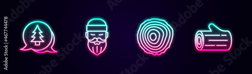 Set line Tree, Lumberjack, rings and Wooden log. Glowing neon icon. Vector