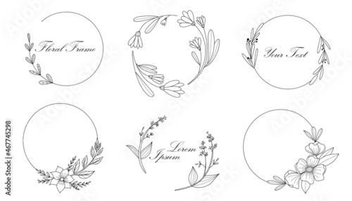 Botanical circle frame. Hand drawn round line border, leaves and flowers, wedding invitation and cards, logo design and posters template. Elegant minimal style floral vector isolated set