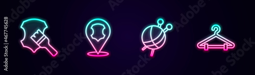 Set line Leather, Yarn ball with knitting needles and Hanger wardrobe. Glowing neon icon. Vector
