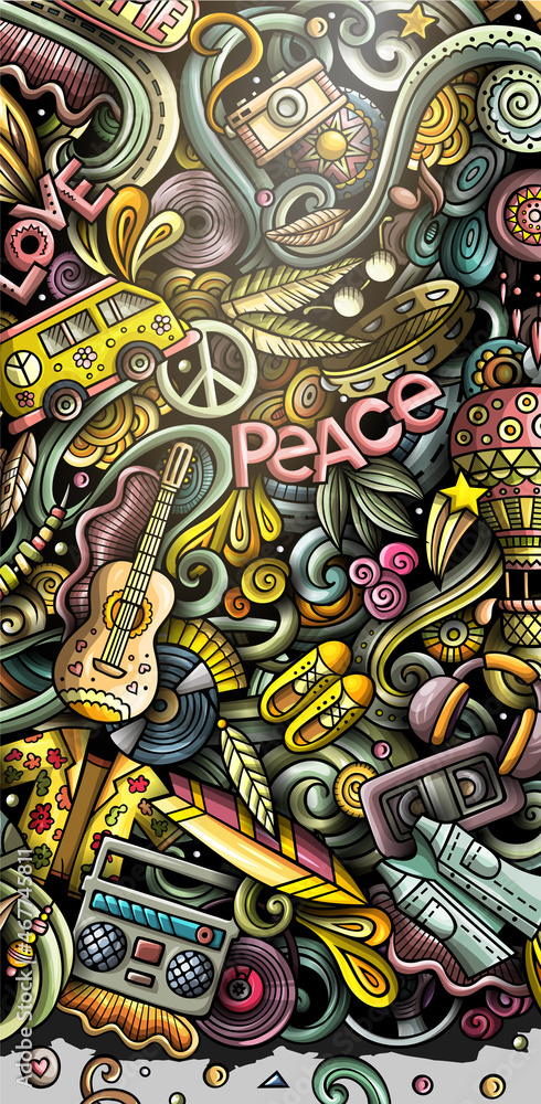 Hippie hand drawn doodle banner. Cartoon detailed illustrations. Hippie hand drawn doodle banner. Cartoon detailed illustrations.