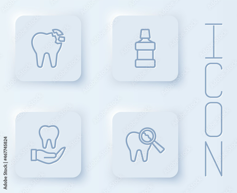 Set line Broken tooth, Mouthwash, Tooth and . White square button. Vector Set line Broken tooth, Mouthwash, Tooth and . White square button. Vector
