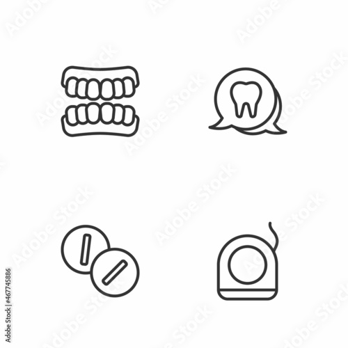 Set line Dental floss, Toothache painkiller tablet, Dentures model and icon. Vector