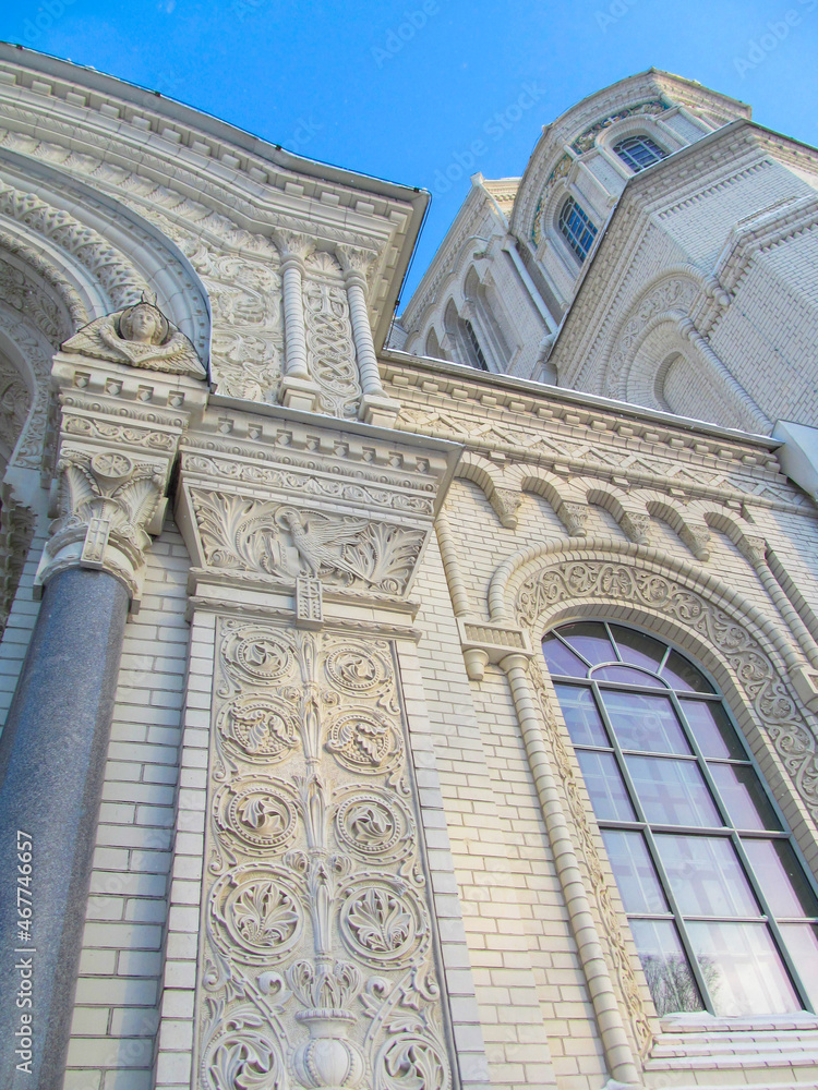 Architectural details of the Naval Cathedral of Saint Nicholas (Marine Cathedral) in Kronstadt, St. Petersburg, Russia. Beautiful unique building on a frosty winter day.