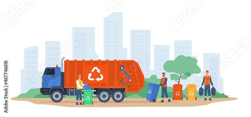 Garbage transportation. Waste tanks shipment in trash truck, scavengers service, workers take city garbage for recycling, colorful containers, vector cartoon flat concept