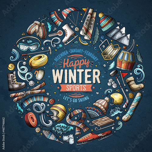 Colorful set of Winter Sports cartoon doodle objects