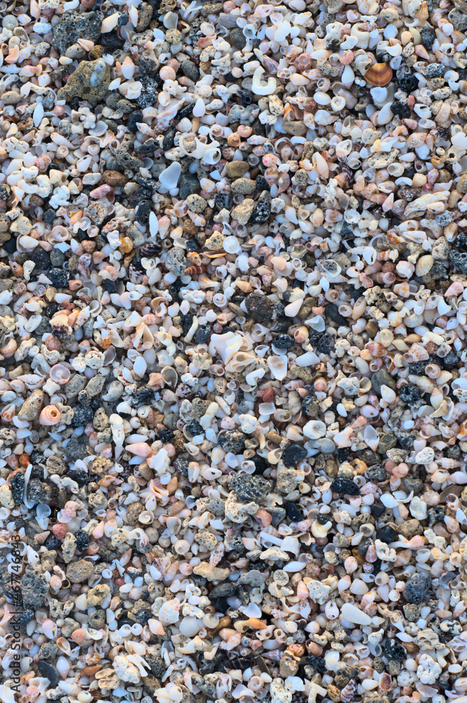 Beach sand of small, tiny pebbles and seashells Beach sand of small, tiny pebbles and seashells