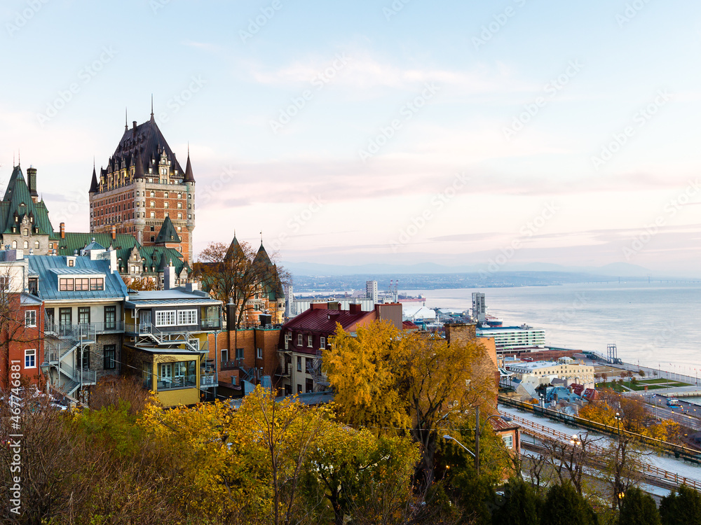 High angle fall morning view of the Old Quebec, the port and the St. Lawrence River seen from the Cape Diamond, Quebec City, Quebec, Canada