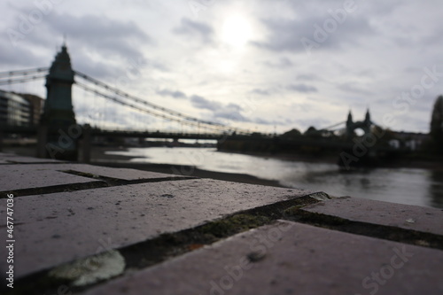 Thames brick riverbank at Hammersmith Bridge West London