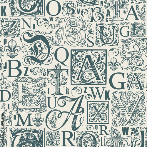Vector seamless pattern with hand-drawn initial and capital letters on an old paper backdrop. Monochrome repeating background in retro style. Suitable for wallpaper, wrapping paper or fabric design