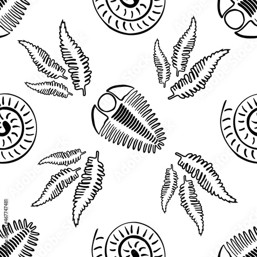 Ammonite trilobite fern vector seamless pattern background. Hand drawn spiral-form shell cephalopod and arthropod ribbed fossils, ferns. Extinct marine predators and plant life backdrop. For education