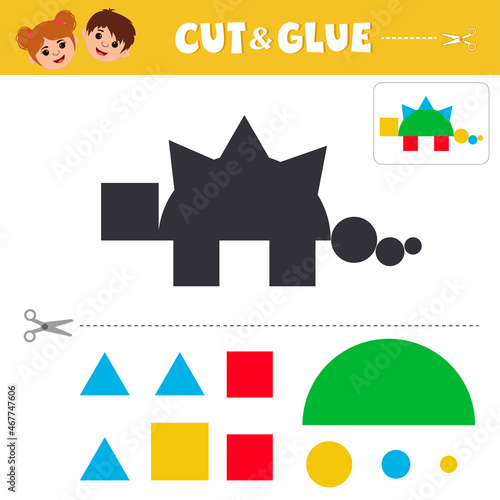 Educational game for kids. Make a dinosaur from geometric shapes. Preschool worksheet activity. Children funny riddle entertainment. Vector illustration