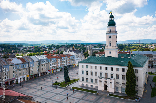 Aerial view on Town Hall in Drohobych, Ukraine from drone