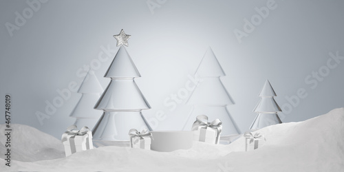 3D Christmas background, podium display with gift boxes and snow. White and silver present. Branding and product presentation. Minimal pastel blue pedestal showcase. Abstract, winter 3D render