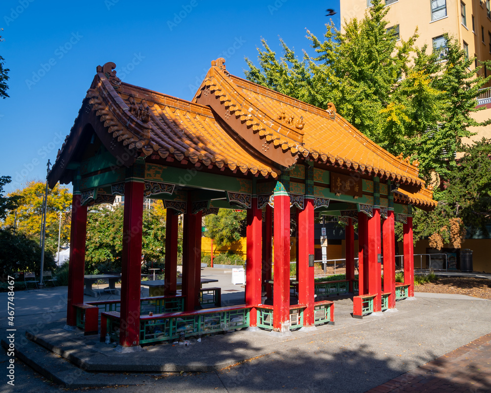 Seattle, WA - USA - Sept. 25, 2021: View of the Pavilion in Hing Hay Park, a public park in the Chinatown–International District neighborhood of downtown Seattle, Washington.